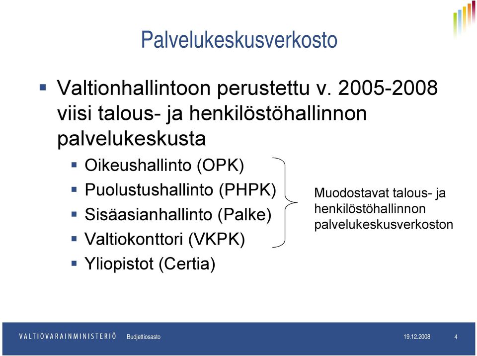 Puolustushallinto (PHPK) Sisäasianhallinto (Palke) Valtiokonttori (VKPK) Yliopistot