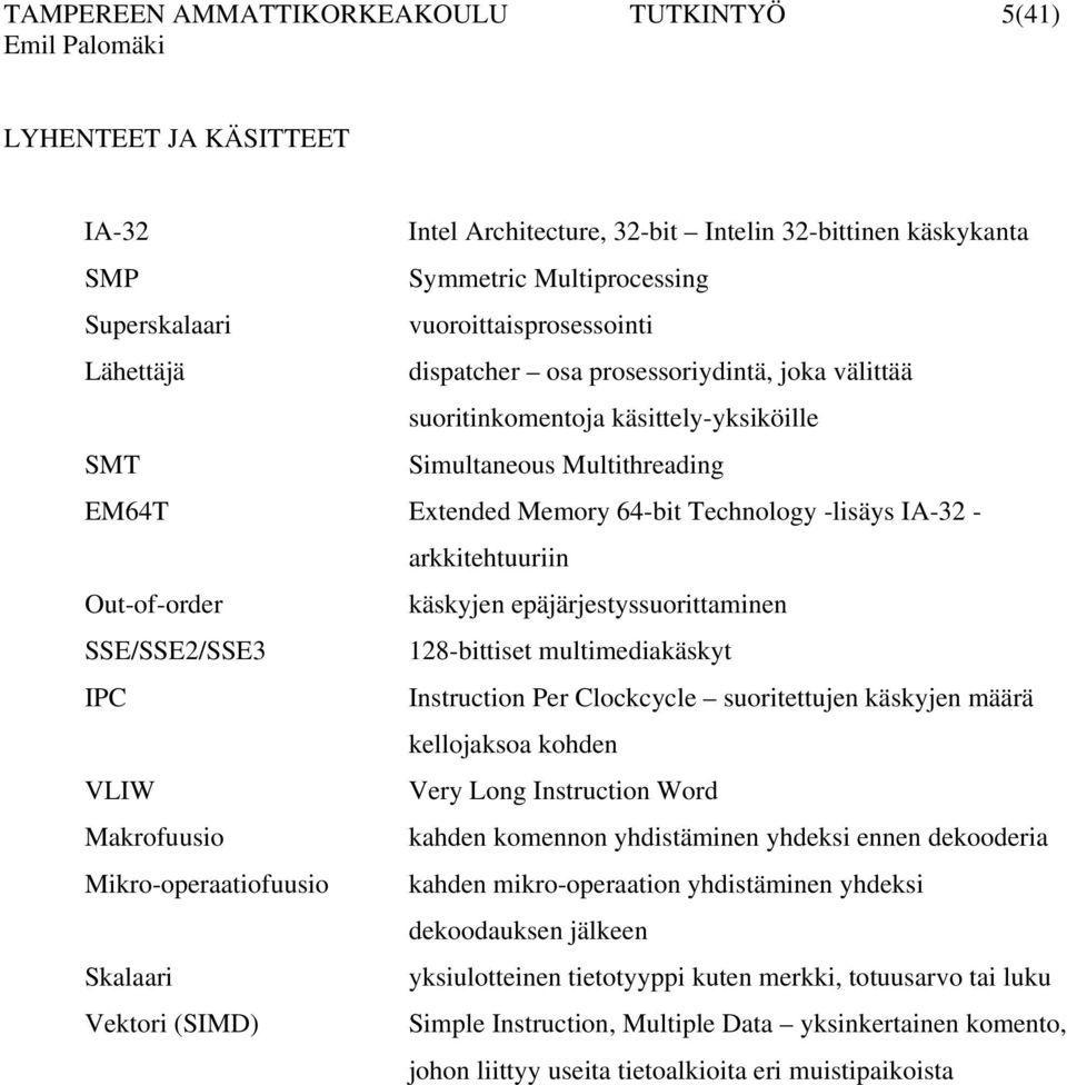 Out-of-order käskyjen epäjärjestyssuorittaminen SSE/SSE2/SSE3 128-bittiset multimediakäskyt IPC Instruction Per Clockcycle suoritettujen käskyjen määrä kellojaksoa kohden VLIW Very Long Instruction