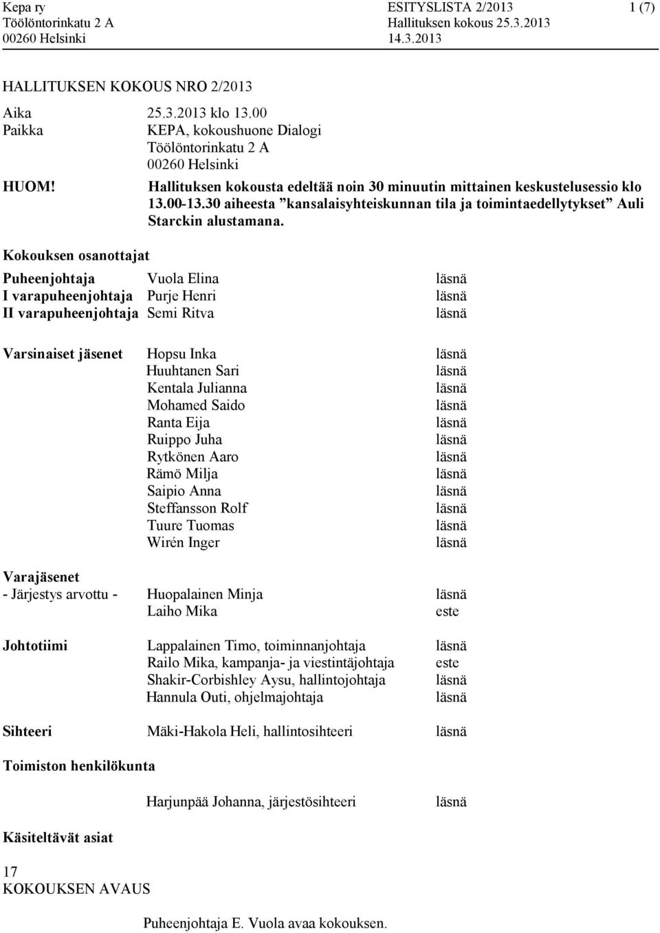 Puheenjohtaja Vuola Elina I varapuheenjohtaja Purje Henri II varapuheenjohtaja Semi Ritva Varsinaiset jäsenet Hopsu Inka Huuhtanen Sari Kentala Julianna Mohamed Saido Ranta Eija Ruippo Juha Rytkönen