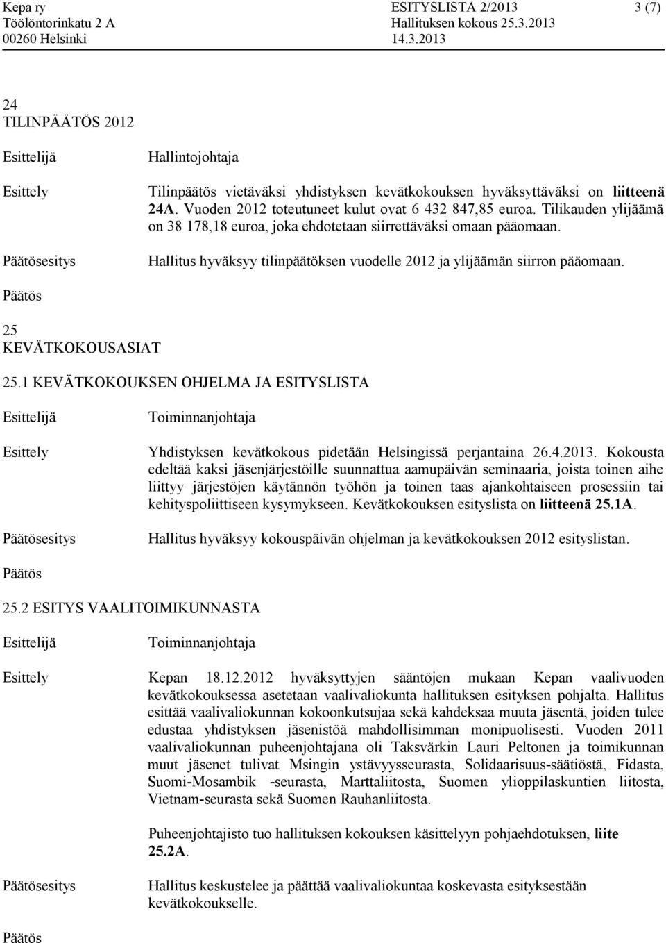 Hallitus hyväksyy tilinpäätöksen vuodelle 2012 ja ylijäämän siirron pääomaan. 25 KEVÄTKOKOUSASIAT 25.