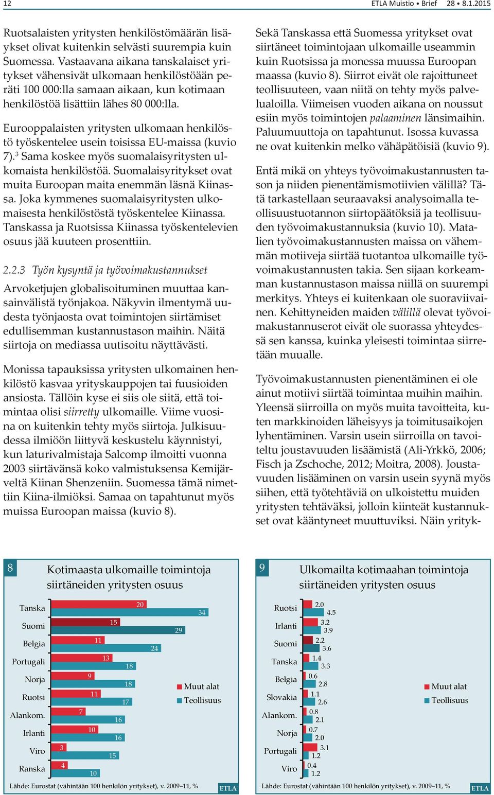 Eurooppalaisten yritysten ulkomaan henkilöstö työskentelee usein toisissa EU-maissa (kuvio 7). 3 Sama koskee myös suomalaisyritysten ulkomaista henkilöstöä.