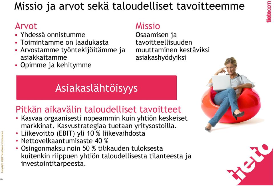 tavoitteet Kasvaa orgaanisesti nopeammin kuin yhtiön keskeiset markkinat. Kasvustrategiaa tuetaan yritysostoilla.