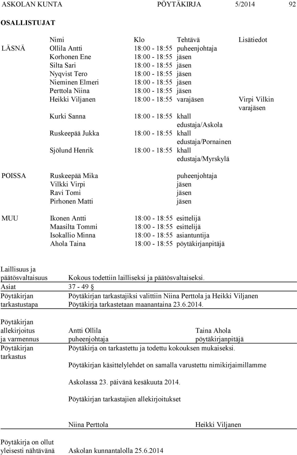 edustaja/myrskylä POISSA Ruskeepää Mika puheenjohtaja Vilkki Virpi jäsen Ravi Tomi jäsen Pirhonen Matti jäsen MUU Ikonen Antti 18:00-18:55 esittelijä Maasilta Tommi 18:00-18:55 esittelijä Isokallio