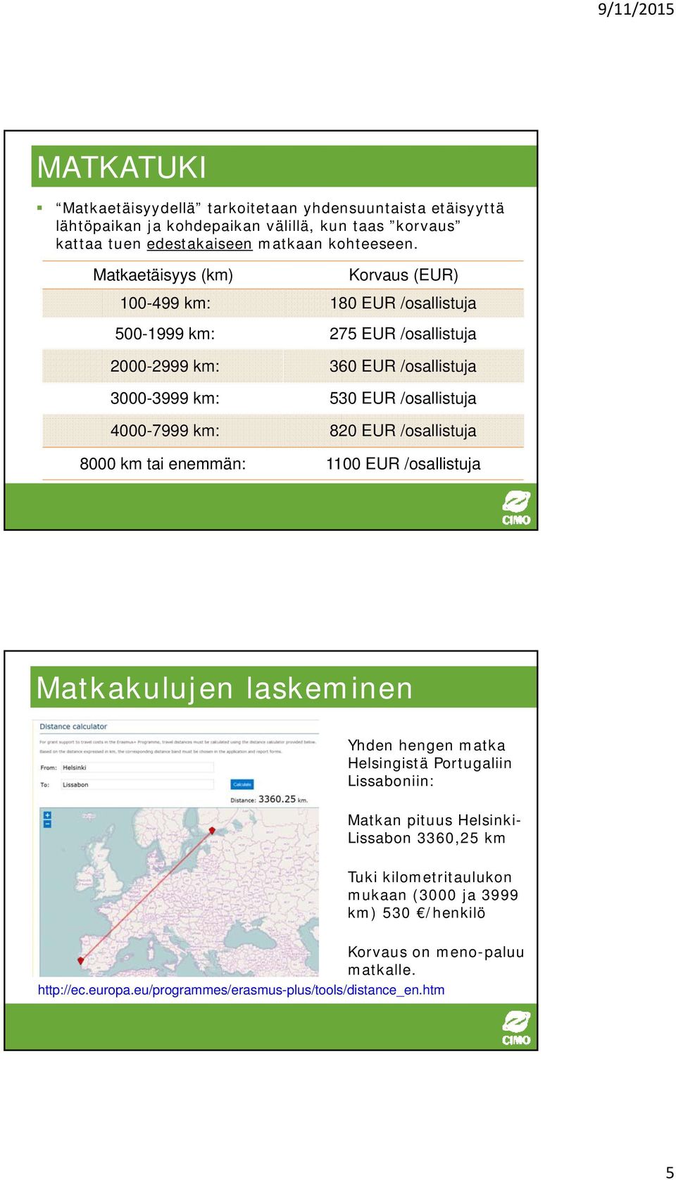 4000-7999 km: 820 EUR /osallistuja 8000 km tai enemmän: 1100 EUR /osallistuja Matkakulujen laskeminen Yhden hengen matka Helsingistä Portugaliin Lissaboniin: Matkan pituus