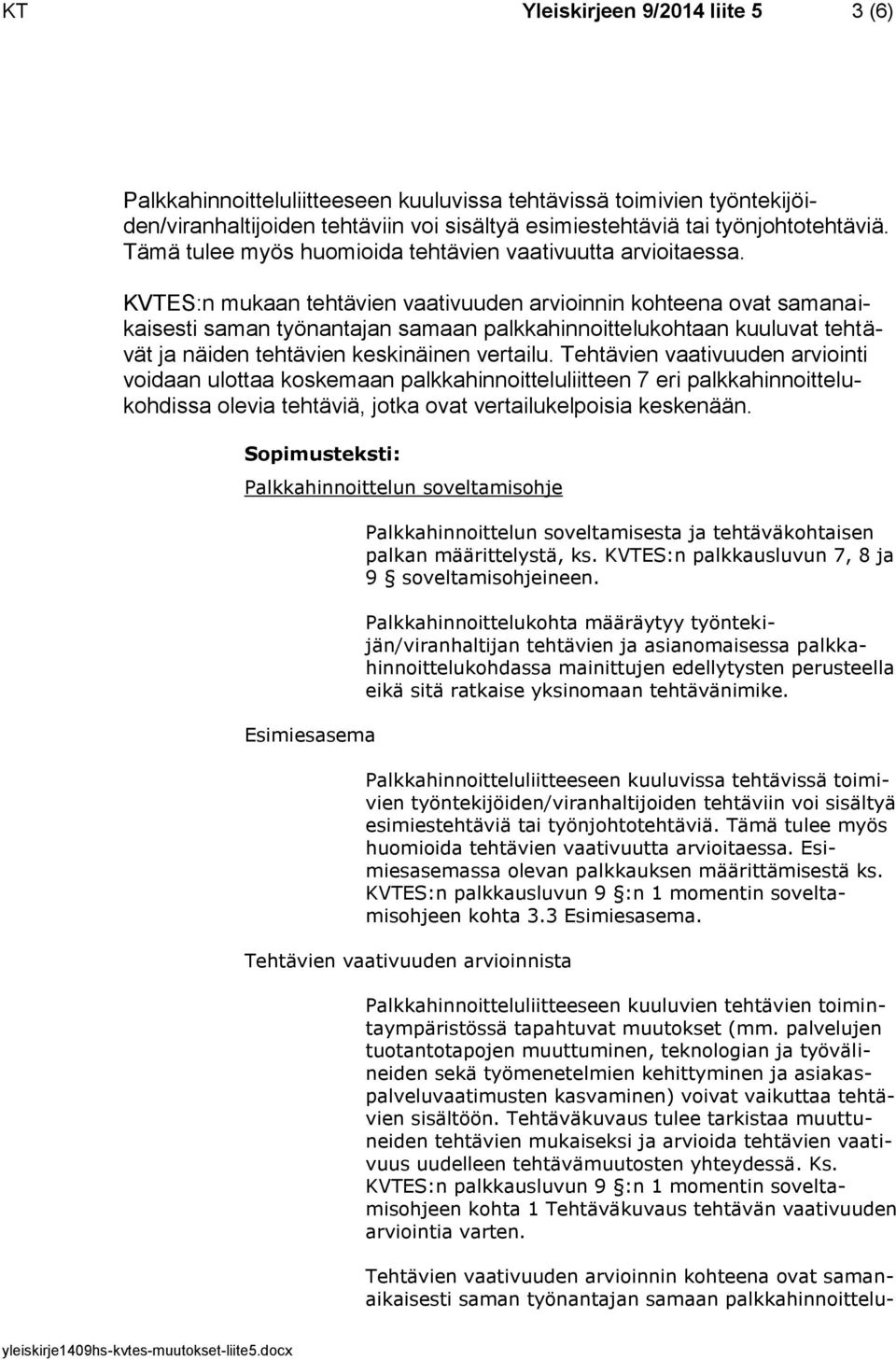 KVTES:n mukaan tehtävien vaativuuden arvioinnin kohteena ovat samanaikaisesti saman työnantajan samaan palkkahinnoittelukohtaan kuuluvat tehtävät ja näiden tehtävien keskinäinen vertailu.