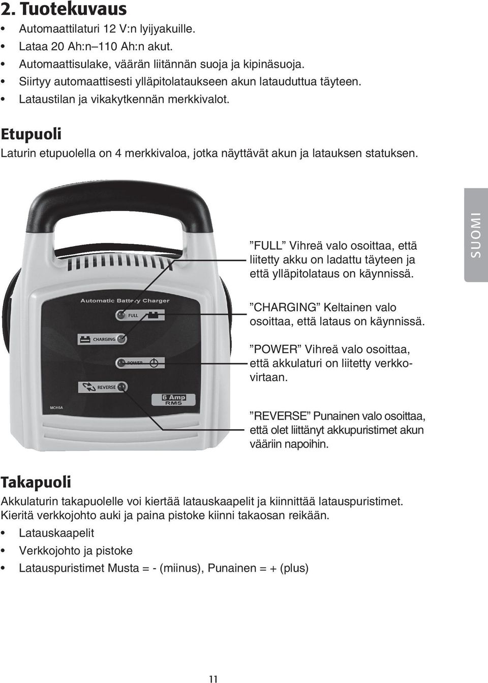 Etupuoli Laturin etupuolella on 4 merkkivaloa, jotka näyttävät akun ja latauksen statuksen. FULL Vihreä valo osoittaa, että liitetty akku on ladattu täyteen ja että ylläpitolataus on käynnissä.
