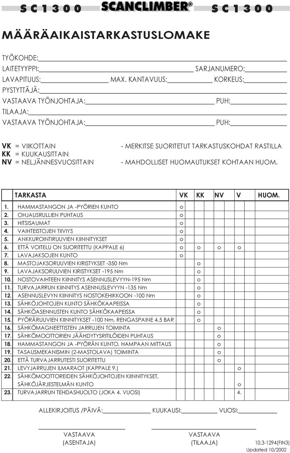 HUOMAUTUKSET KOHTAAN HUOM. TARKASTA VK KK NV V HUOM. 1. HAMMASTANGON JA -PYÖRIEN KUNTO o 2. OHJAUSRULLIEN PUHTAUS o 3. HITSISAUMAT o 4. VAIHTEISTOJEN TIIVIYS o 5. ANKKUROINTIRUUVIEN KIINNITYKSET o 6.