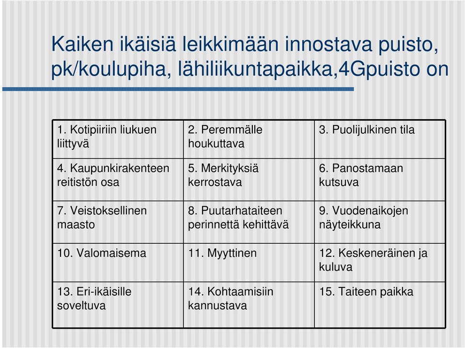 Merkityksiä kerrostava 8. Puutarhataiteen perinnettä kehittävä 3. Puolijulkinen tila 6. Panostamaan kutsuva 9.