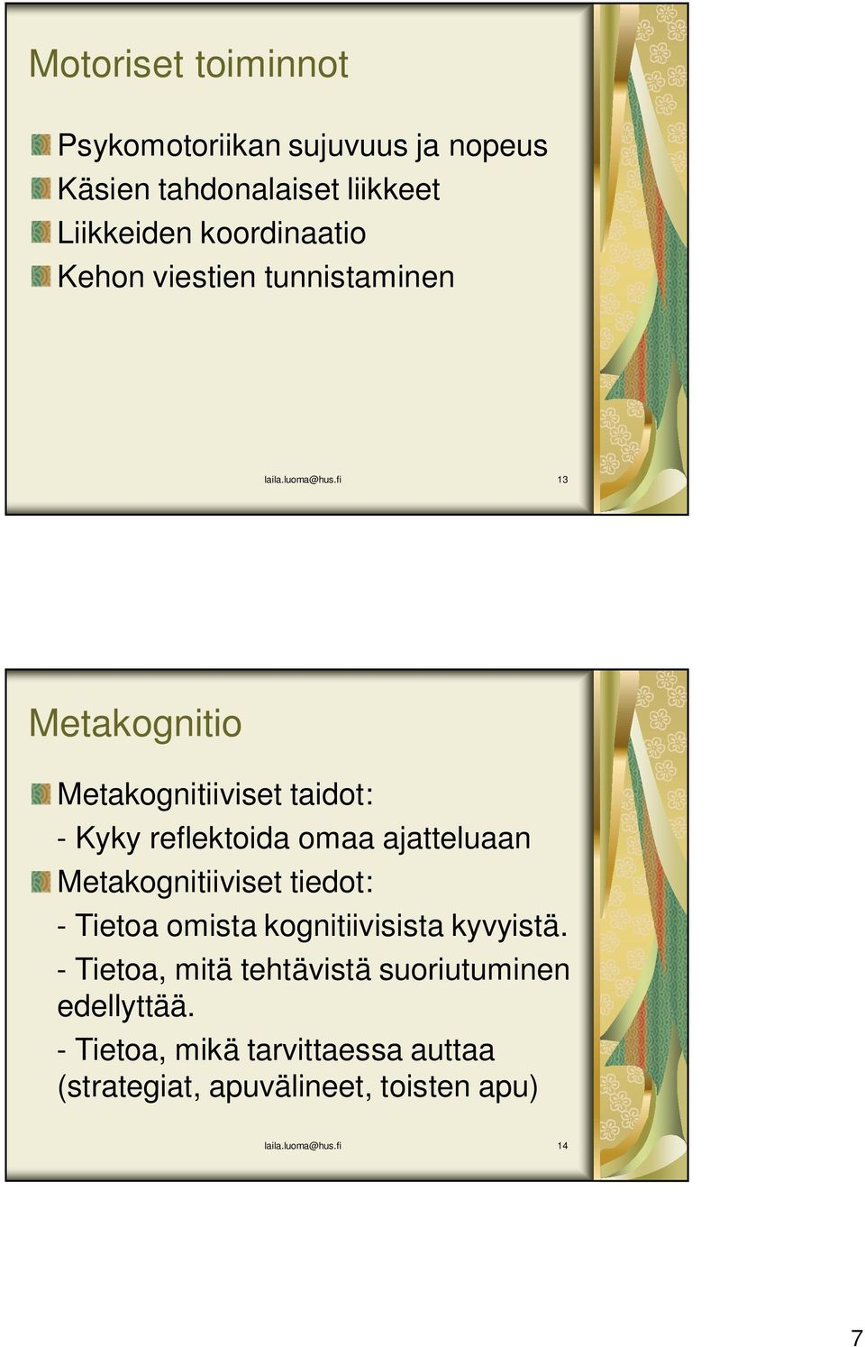 fi 13 Metakognitio Metakognitiiviset taidot: - Kyky reflektoida omaa ajatteluaan Metakognitiiviset tiedot: -