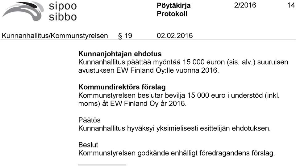 ) suuruisen avustuksen EW Finland Oy:lle vuonna 2016.