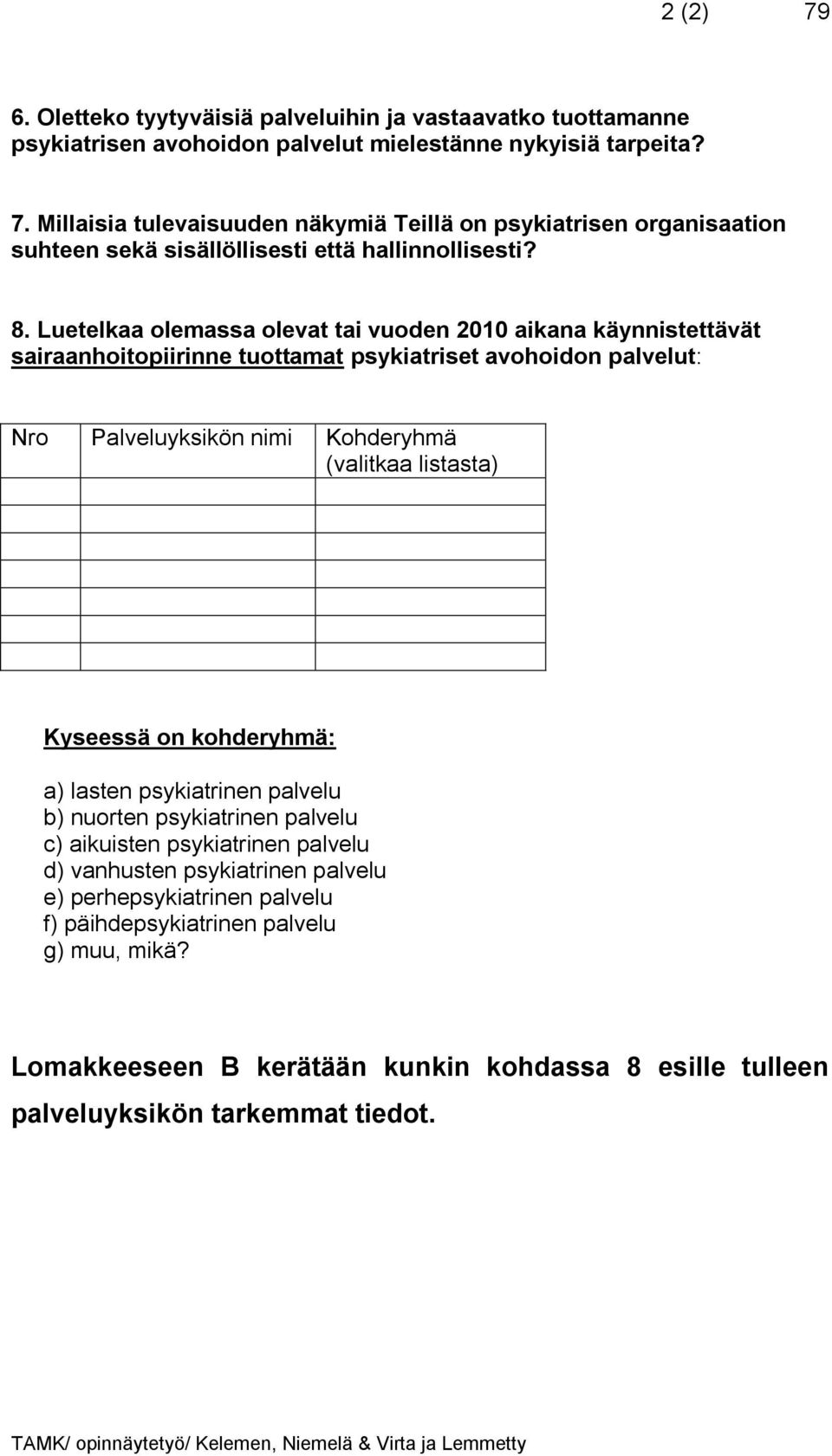 kohderyhmä: a) lasten psykiatrinen palvelu b) nuorten psykiatrinen palvelu c) aikuisten psykiatrinen palvelu d) vanhusten psykiatrinen palvelu e) perhepsykiatrinen palvelu f) päihdepsykiatrinen