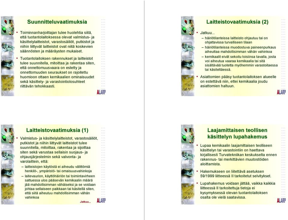 Tuotantolaitoksen rakennukset ja laitteistot tulee suunnitella, mitoittaa ja rakentaa siten, että onnettomuusvaara on estetty ja onnettomuuden seuraukset on rajoitettu huomioon ottaen kemikaalien