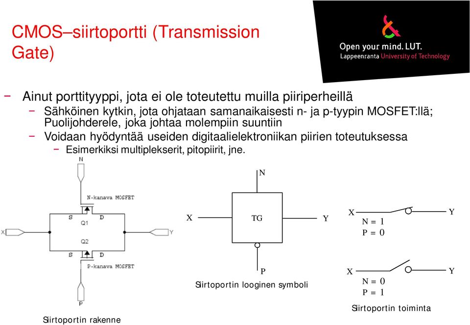 Voidaan hyödyntää useiden digitaalielektroniikan piirien toteutuksessa Esimerkiksi multiplekserit, pitopiirit,