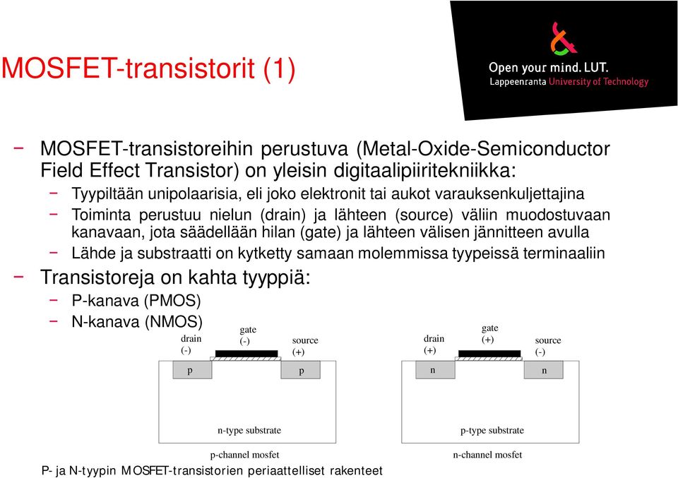 välisen jännitteen avulla Lähde ja substraatti on kytketty samaan molemmissa tyypeissä terminaaliin Transistoreja on kahta tyyppiä: P-kanava (PMOS) N-kanava (NMOS) drain (-) p