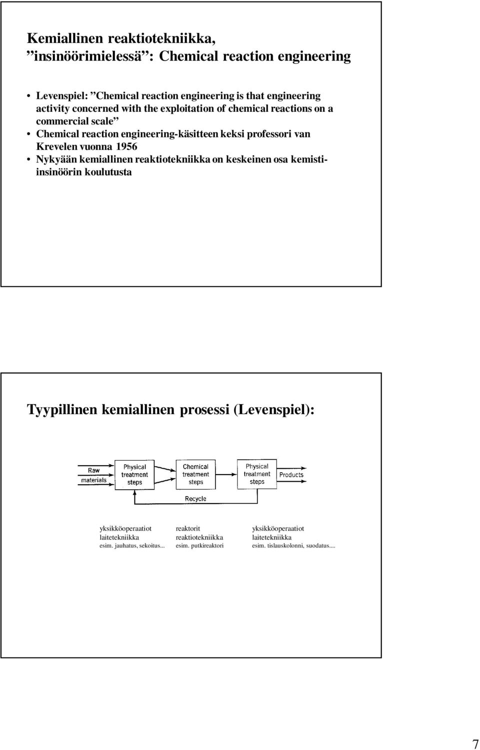 1956 Nykyään kemiallinen reaktiotekniikka on keskeinen osa kemistiinsinöörin koulutusta Tyypillinen kemiallinen prosessi (Levenspiel): yksikköoperaatiot