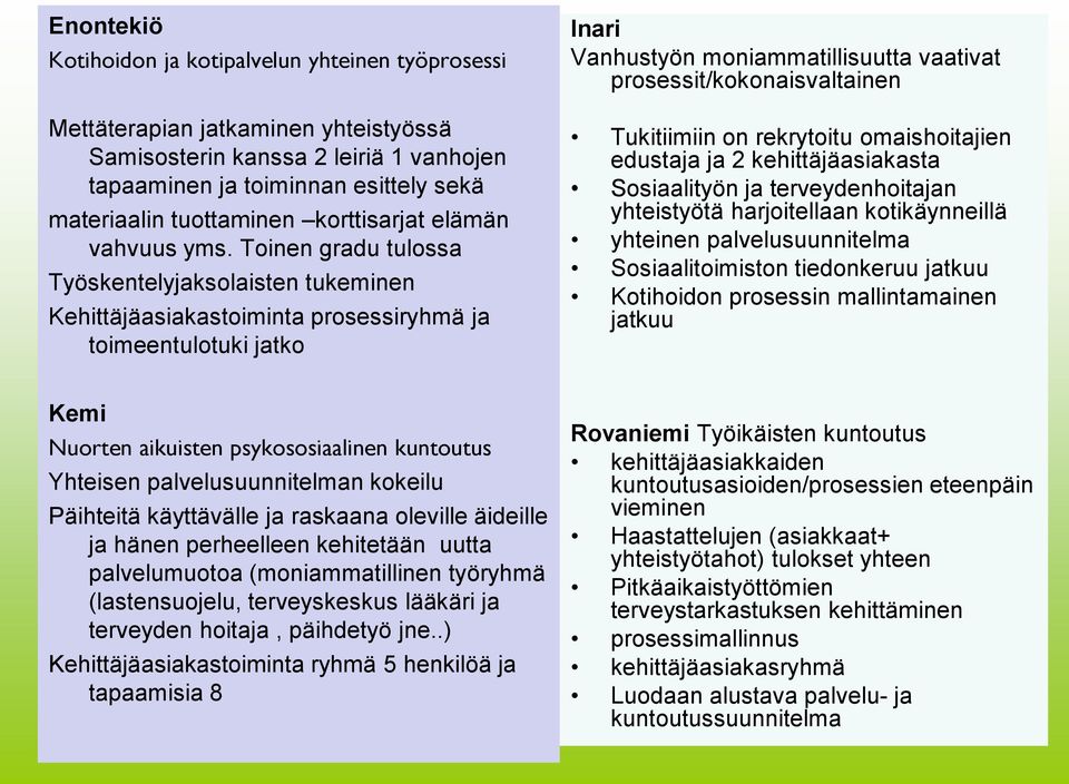 Toinen gradu tulossa Työskentelyjaksolaisten tukeminen Kehittäjäasiakastoiminta prosessiryhmä ja toimeentulotuki jatko Inari Vanhustyön moniammatillisuutta vaativat prosessit/kokonaisvaltainen