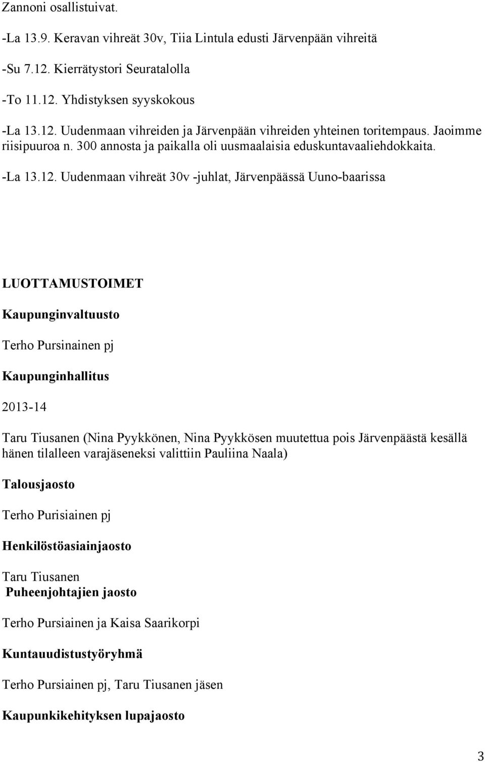 Uudenmaan vihreät 30v -juhlat, Järvenpäässä Uuno-baarissa LUOTTAMUSTOIMET Kaupunginvaltuusto Terho Pursinainen pj Kaupunginhallitus 2013-14 Taru Tiusanen (Nina Pyykkönen, Nina Pyykkösen muutettua