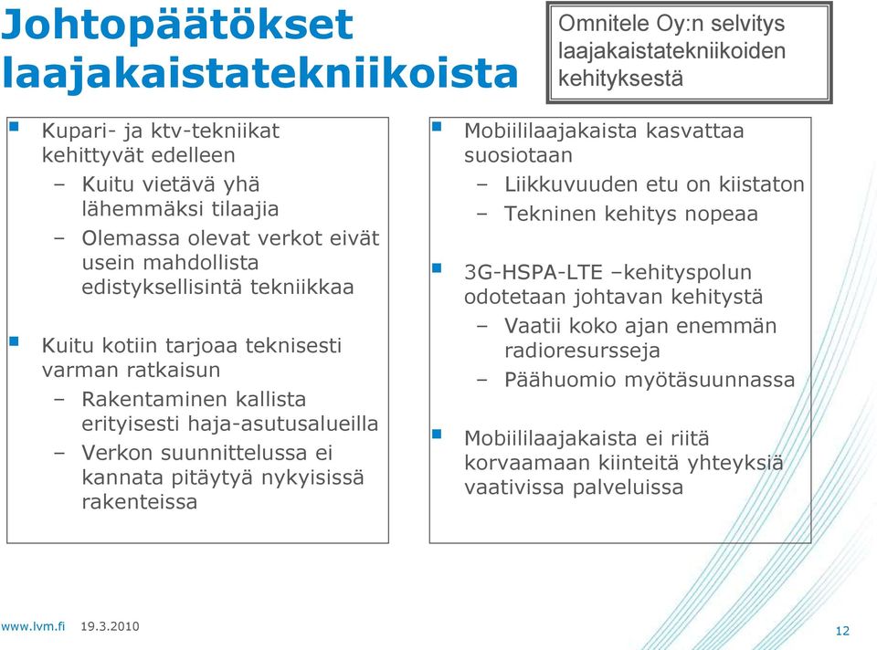 haja-asutusalueilla Verkon suunnittelussa ei kannata pitäytyä nykyisissä rakenteissa Mobiililaajakaista kasvattaa suosiotaan Liikkuvuuden etu on kiistaton Tekninen kehitys nopeaa