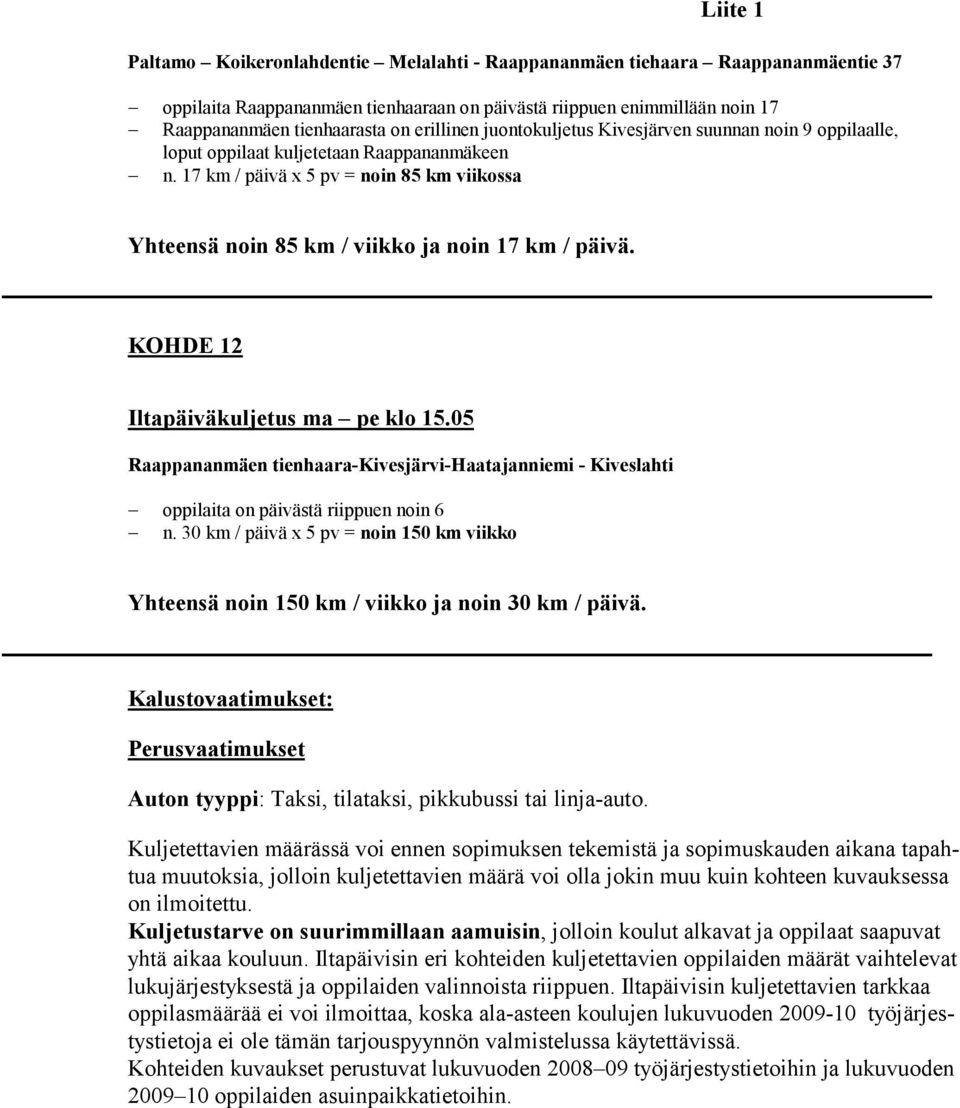 KOHDE 12 Iltapäiväkuljetus ma pe klo 15.05 Raappananmäen tienhaara-kivesjärvi-haatajanniemi - Kiveslahti oppilaita on päivästä riippuen noin 6 n.