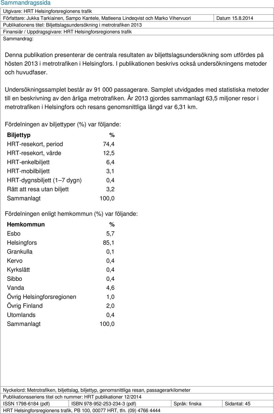 av biljettslagsundersökning som utfördes på hösten 2013 i metrotrafiken i Helsingfors. I publikationen beskrivs också undersökningens metoder och huvudfaser.