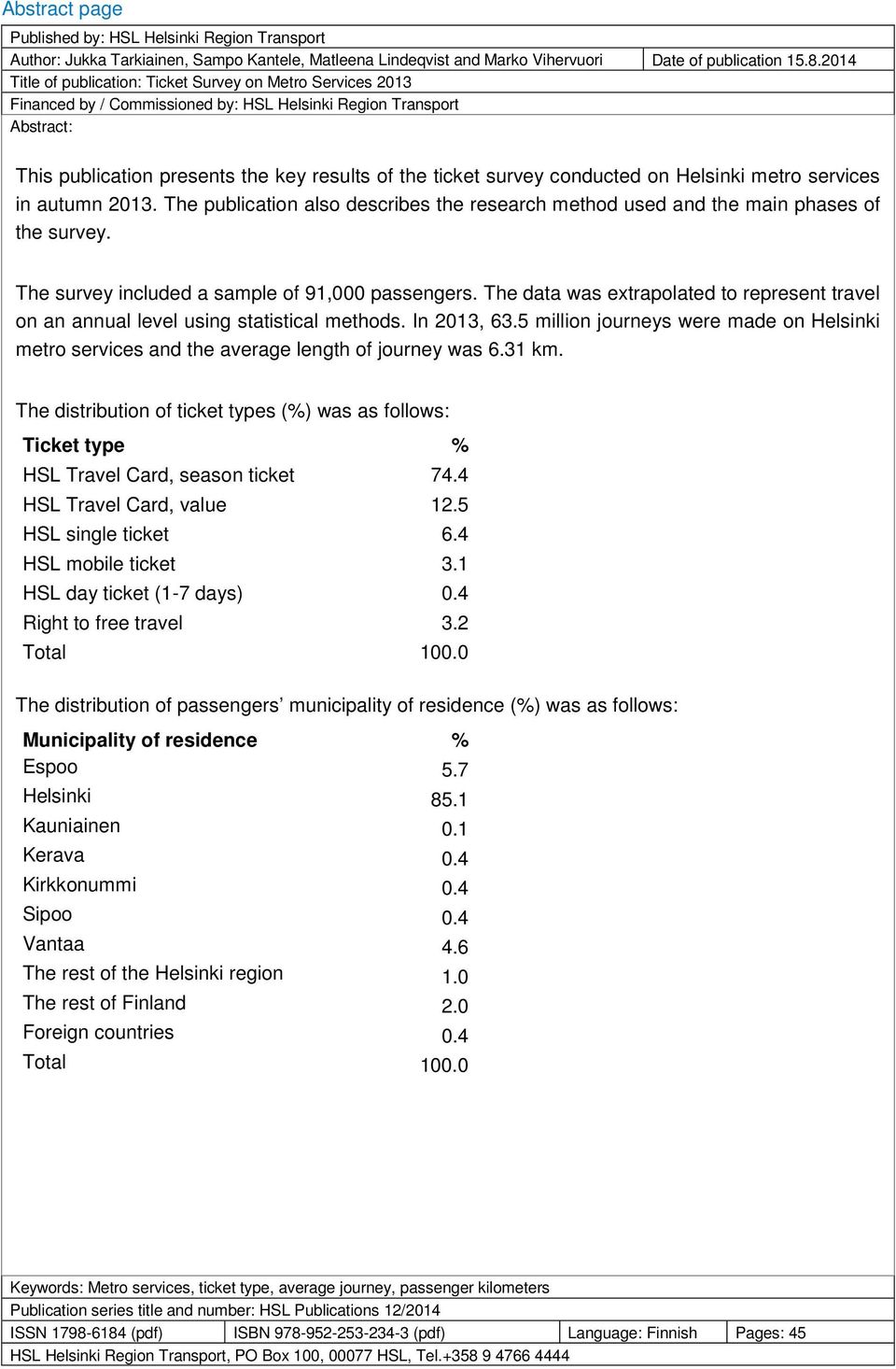 conducted on Helsinki metro services in autumn 2013. The publication also describes the research method used and the main phases of the survey. The survey included a sample of 91,000 passengers.