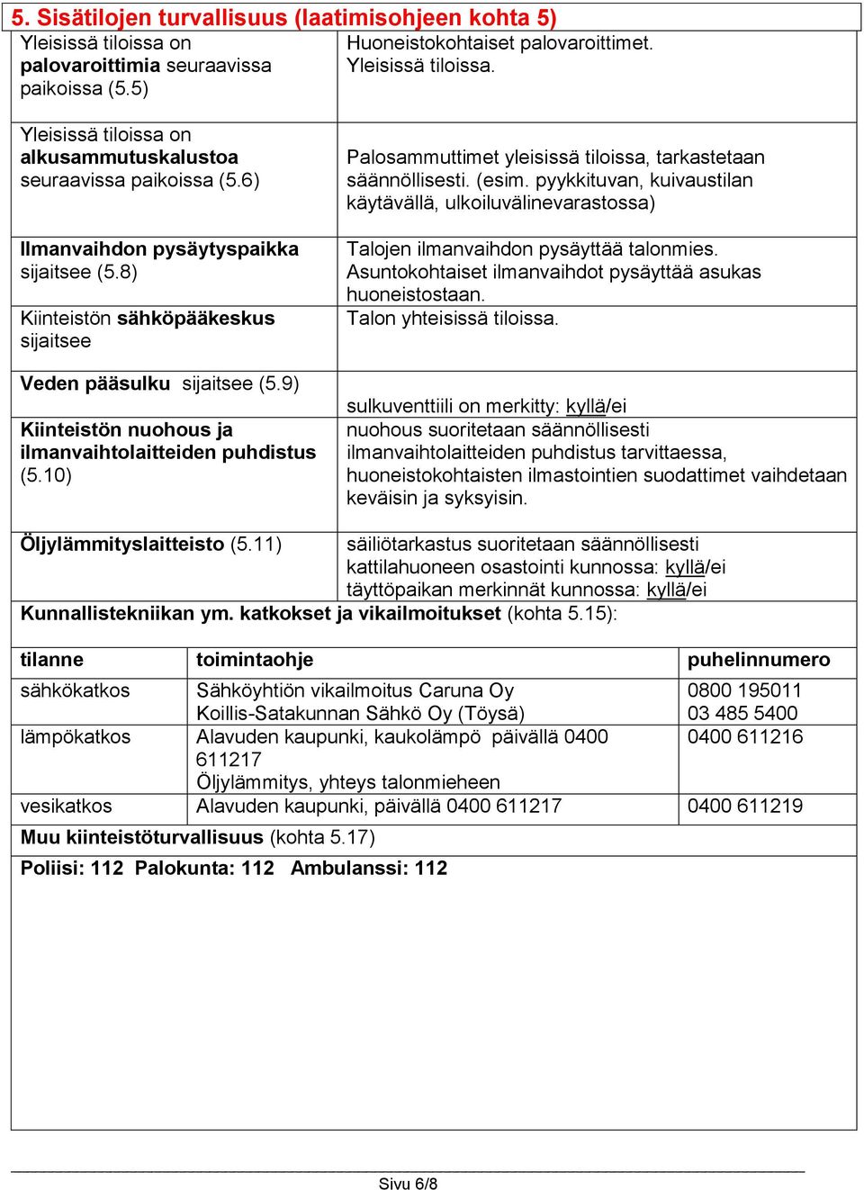 10) Palosammuttimet yleisissä tiloissa, tarkastetaan säännöllisesti. (esim. pyykkituvan, kuivaustilan käytävällä, ulkoiluvälinevarastossa) Talojen ilmanvaihdon pysäyttää talonmies.