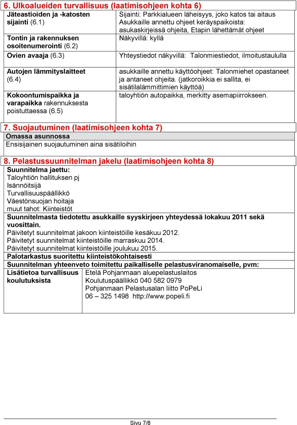 Talonmiestiedot, ilmoitustaululla Autojen lämmityslaitteet (6.4) Kokoontumispaikka ja varapaikka rakennuksesta poistuttaessa (6.