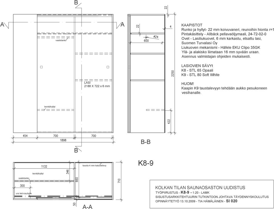 2250 LASIOViEN SÄVYt K8 - STL 65 Opaali K9 - STL 80 Soft White LASI 2188 X 722 x 6 mm HUOM! Kaapin K9 taustalevyyn tehdään aukko pesukoneen vesihanalle.