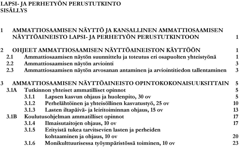 3 Ammattiosaamisen näytön arvosanan antaminen ja arviointitiedon tallentaminen 3 3 AMMATTIOSAAMISEN NÄYTTÖAINEISTO OPINTOKOKONAISUUKSITTAIN 5 3.1A Tutkinnon yhteiset ammatilliset opinnot 5 3.1.1 Lapsen kasvun ohjaus ja huolenpito, 30 ov 5 3.