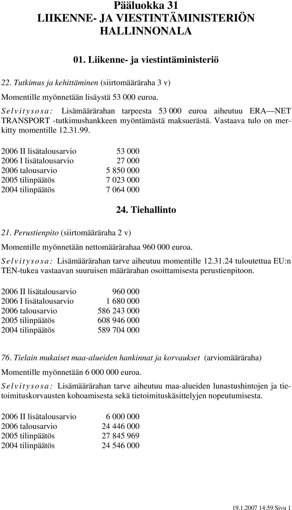 2006 II lisätalousarvio 53 000 2006 I lisätalousarvio 27 000 2006 talousarvio 5 850 000 2005 tilinpäätös 7 023 000 2004 tilinpäätös 7 064 000 21. Perustienpito (siirtomääräraha 2 v) 24.