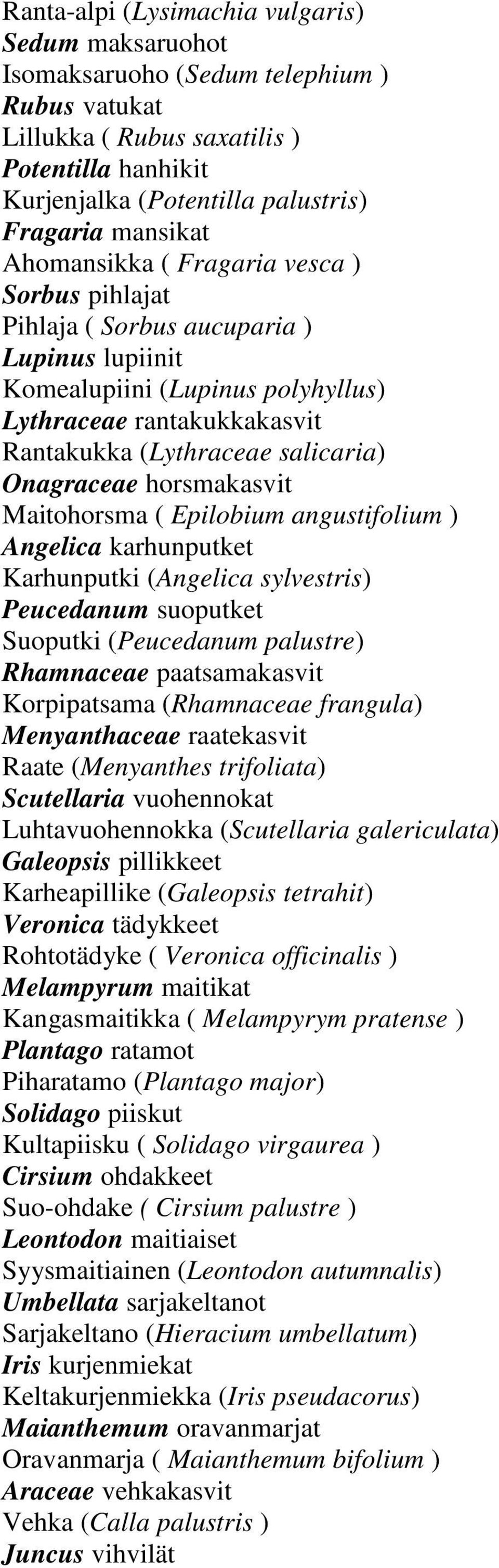 horsmakasvit Maitohorsma ( Epilobium angustifolium ) Angelica karhunputket Karhunputki (Angelica sylvestris) Peucedanum suoputket Suoputki (Peucedanum palustre) Rhamnaceae paatsamakasvit Korpipatsama