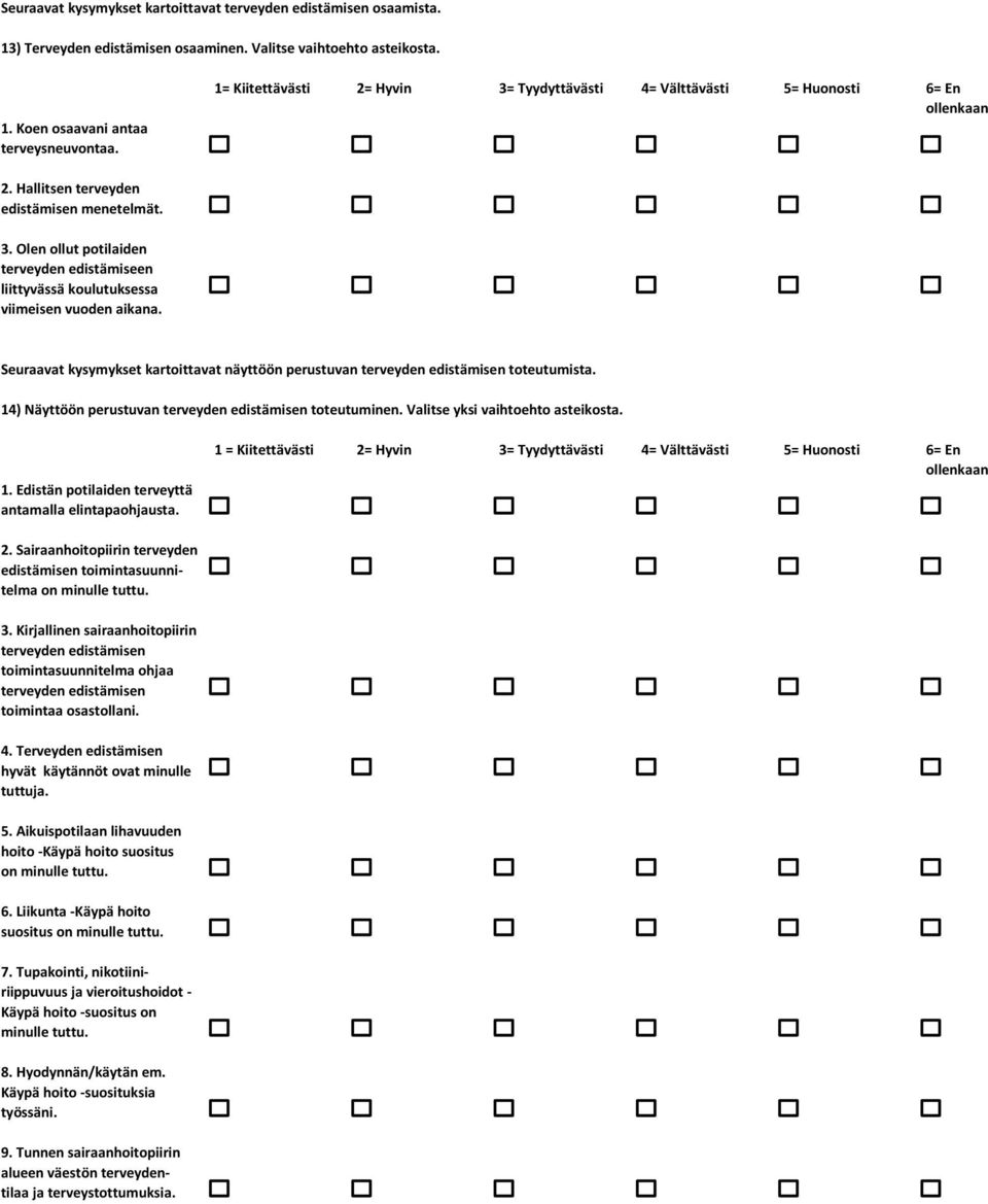 Seuraavat kysymykset kartoittavat näyttöön perustuvan terveyden edistämisen toteutumista. 14) Näyttöön perustuvan terveyden edistämisen toteutuminen. Valitse yksi vaihtoehto asteikosta. 1. Edistän potilaiden terveyttä antamalla elintapaohjausta.