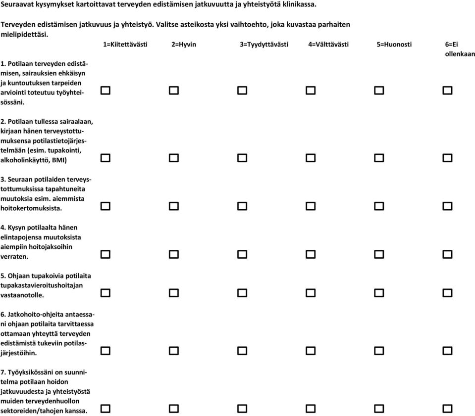 Potilaan terveyden edistämisen, sairauksien ehkäisyn ja kuntoutuksen tarpeiden arviointi toteutuu työyhteisössäni. 2.