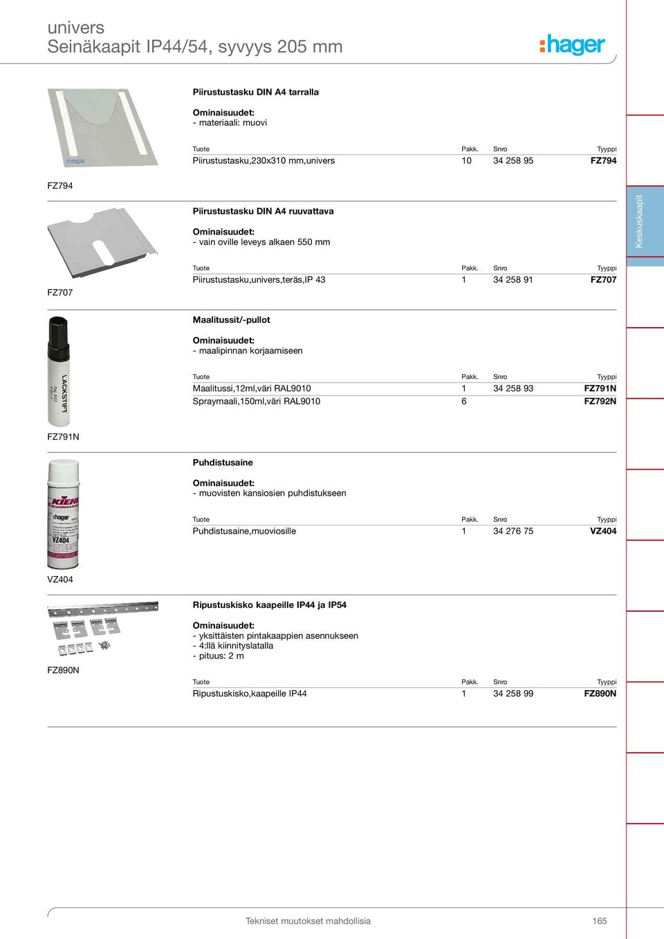 Spraymaali,150ml,väri RAL9010 6 FZ792N FZ791N Puhdistusaine - muovisten kansiosien puhdistukseen Puhdistusaine,muoviosille 1 34 276 75 VZ404 VZ404 Ripustuskisko kaapeille