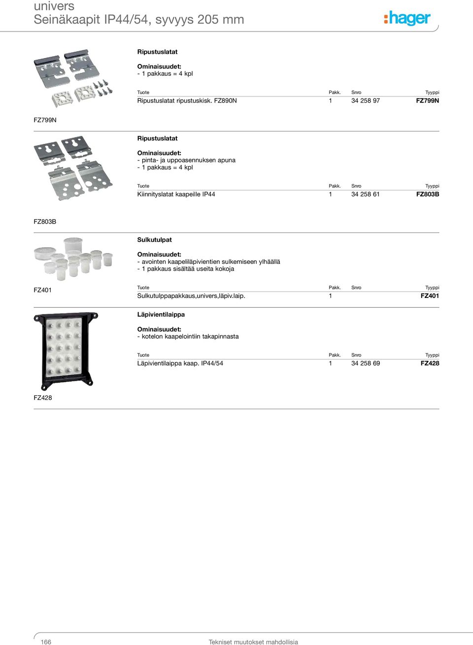 IP44 1 34 258 61 FZ803B FZ803B Sulkutulpat - avointen kaapeliläpivientien sulkemiseen ylhäällä - 1 pakkaus sisältää useita