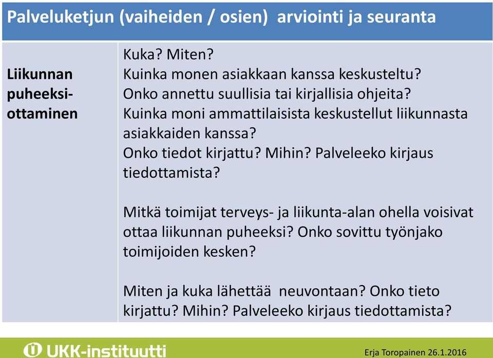 Kuinka moni ammattilaisista keskustellut liikunnasta asiakkaiden kanssa? Onko tiedot kirjattu? Mihin? Palveleeko kirjaus tiedottamista?