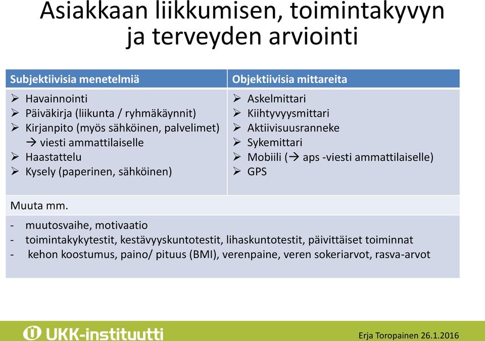 Kiihtyvyysmittari Aktiivisuusranneke Sykemittari Mobiili ( aps -viesti ammattilaiselle) GPS Muuta mm.