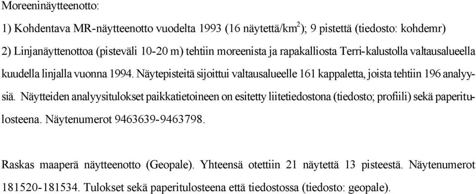 Näytepisteitä sijoittui valtausalueelle 161 kappaletta, joista tehtiin 196 analyysiä.