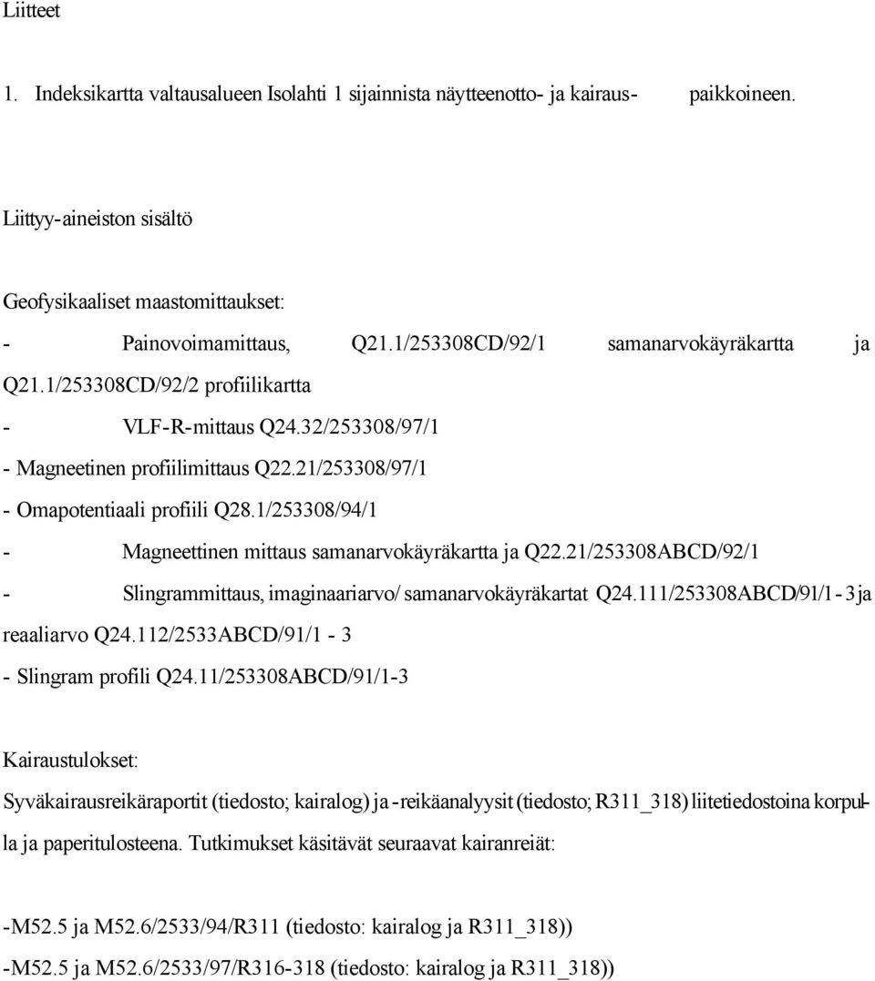 1/253308/94/1 - Magneettinen mittaus samanarvokäyräkartta ja Q22.21/253308ABCD/92/1 - Slingrammittaus, imaginaariarvo/ samanarvokäyräkartat Q24.111/253308ABCD/91/1-3 ja reaaliarvo Q24.