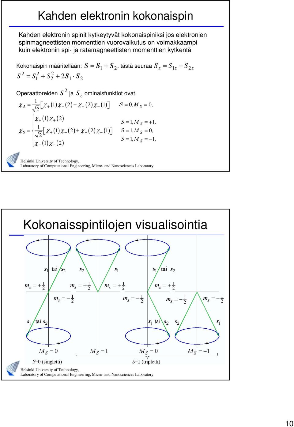 S S = S + S, tästä seuraa S = S + S Operaattoreiden S ja S z ominaisfunktiot ovat χ A = χ+ ( ) χ ( ) χ+ ( ) χ ( ) S = 0, M S = 0,