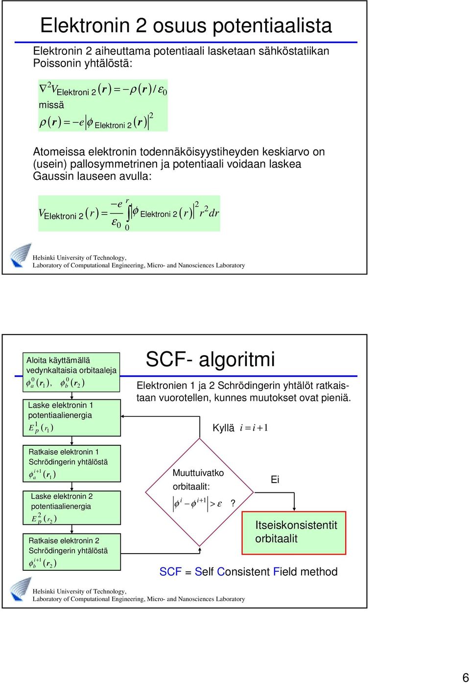 vedynkaltaisia orbitaaleja φ ( r ), φ ( r ) 0 0 a b Laske elektronin potentiaalienergia E p ( r ) Ratkaise elektronin Schrödingerin yhtälöstä i φ + a ( r ) Laske elektronin potentiaalienergia E p ( r