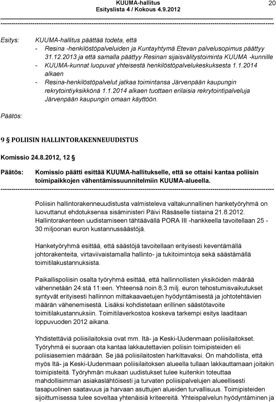 2013 ja että samalla päättyy Resinan sijaisvälitystoiminta KUUMA -kunnille - KUUMA-kunnat luopuvat yhteisestä henkilöstöpalvelukeskuksesta 1.1.2014 alkaen - Resina-henkilöstöpalvelut jatkaa toimintansa Järvenpään kaupungin rekrytointiyksikkönä 1.