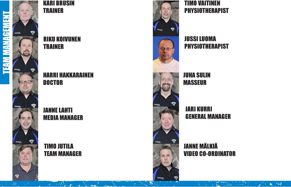 PHYSIOTHERAPIST JUHA SULIN MASSEUR JANNE LAHTI MEDIA MANAGER JARI