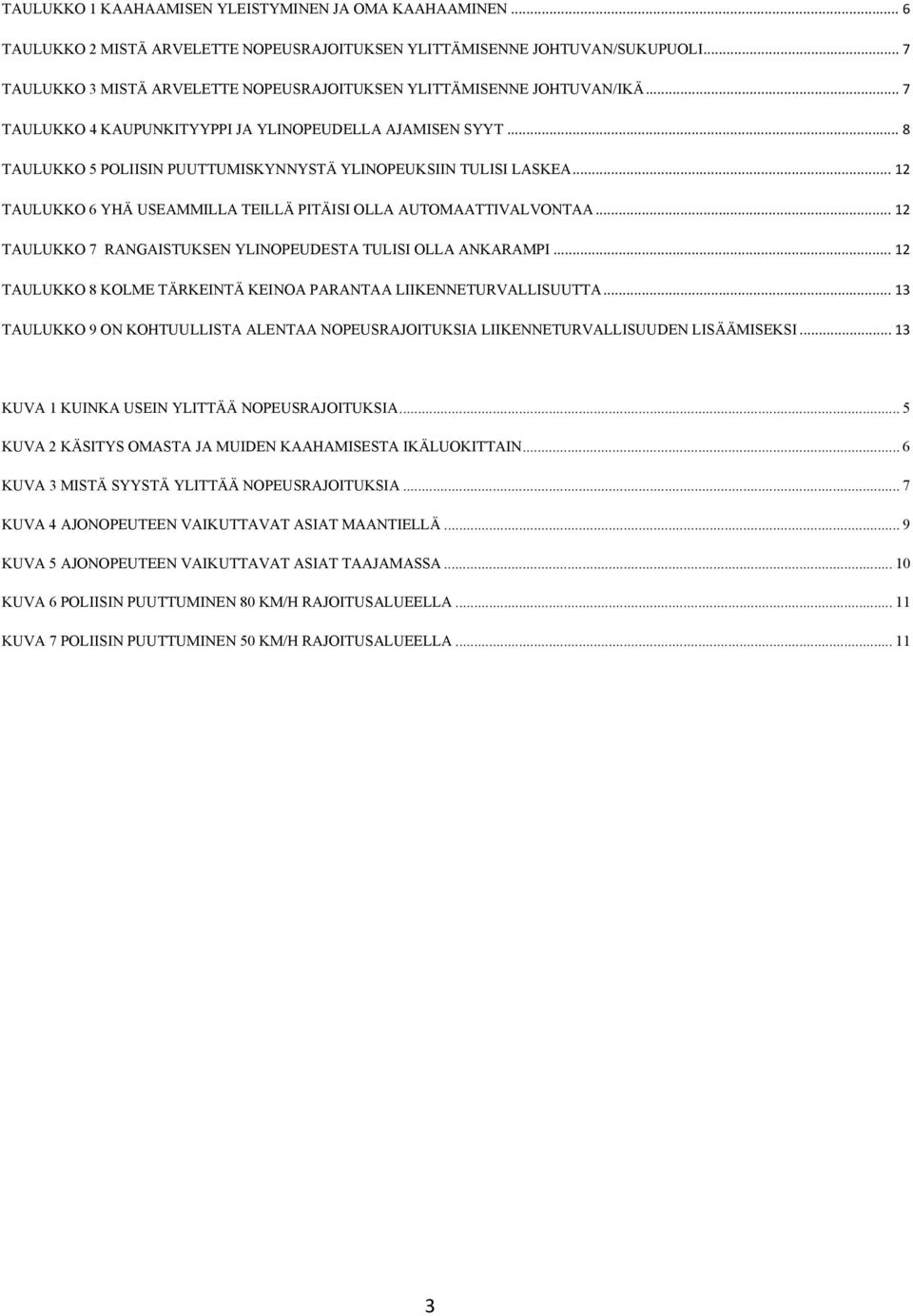 .. 8 TAULUKKO 5 POLIISIN PUUTTUMISKYNNYSTÄ YLINOPEUKSIIN TULISI LASKEA... 12 TAULUKKO 6 YHÄ USEAMMILLA TEILLÄ PITÄISI OLLA AUTOMAATTIVALVONTAA.