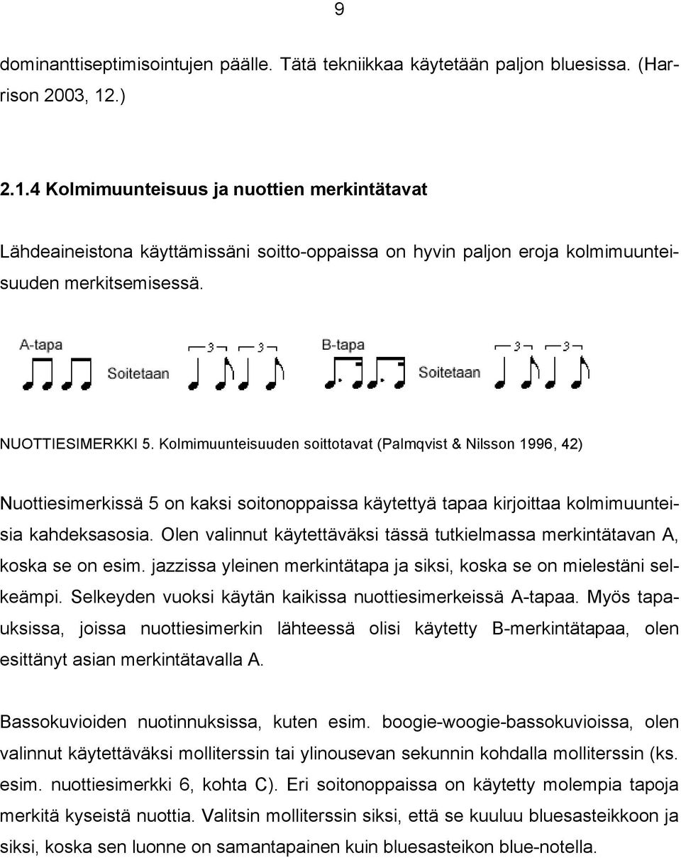 Kolmimuunteisuuden soittotavat (Palmqvist & Nilsson 1996, 42) Nuottiesimerkissä 5 on kaksi soitonoppaissa käytettyä tapaa kirjoittaa kolmimuunteisia kahdeksasosia.