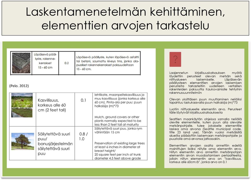 muuttaminen neliöiksi tapahtuu laskukaavalla puun halkaisija (m)*73 Luotiin niittyalueelle elementin arvo.