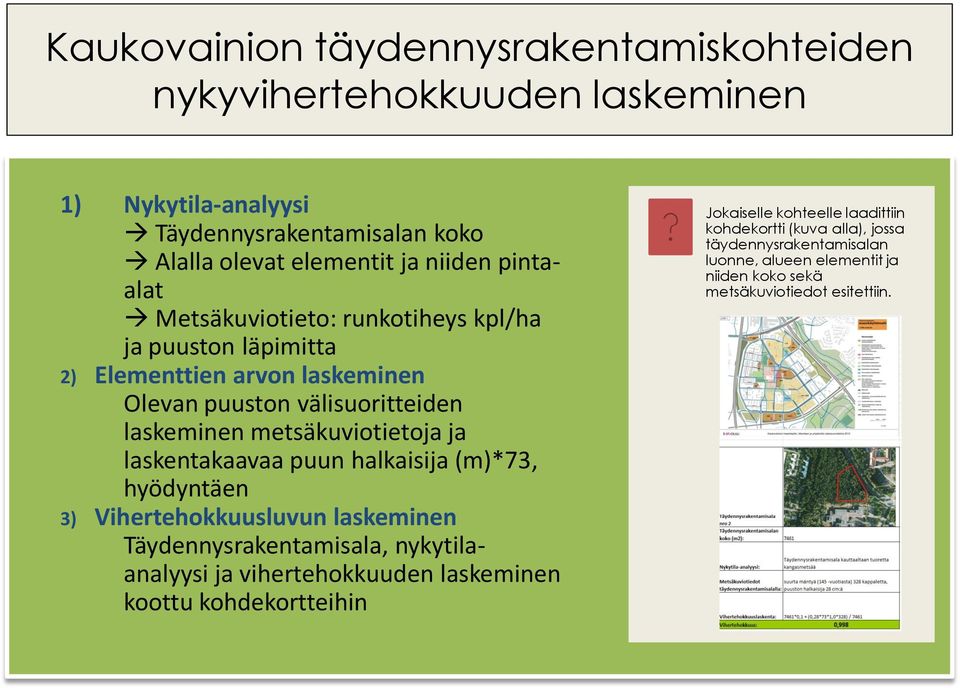 laskentakaavaa puun halkaisija (m)*73, hyödyntäen 3) Vihertehokkuusluvun laskeminen Täydennysrakentamisala, nykytilaanalyysi ja vihertehokkuuden laskeminen koottu