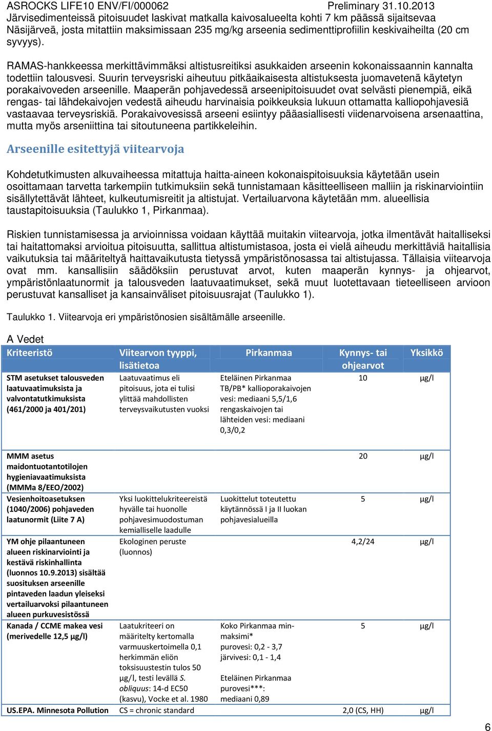 Suurin terveysriski aiheutuu pitkäaikaisesta altistuksesta juomavetenä käytetyn porakaivoveden arseenille.