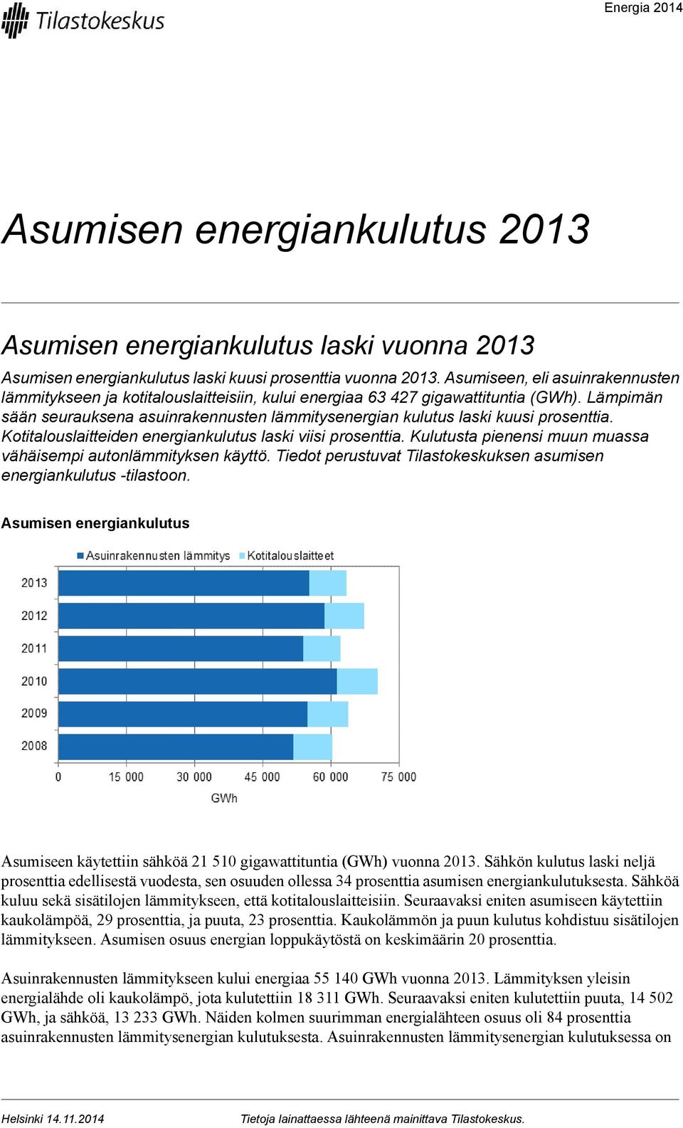 Lämpimän sään seurauksena asuinrakennusten lämmitysenergian kulutus laski kuusi prosenttia. Kotitalouslaitteiden energiankulutus laski viisi prosenttia.