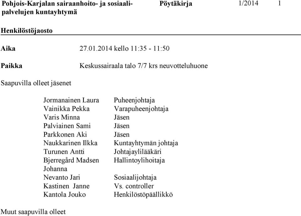 2014 kello 11:35-11:50 Paikka Keskussairaala talo 7/7 krs neuvotteluhuone Saapuvilla olleet jäsenet Jormanainen Laura